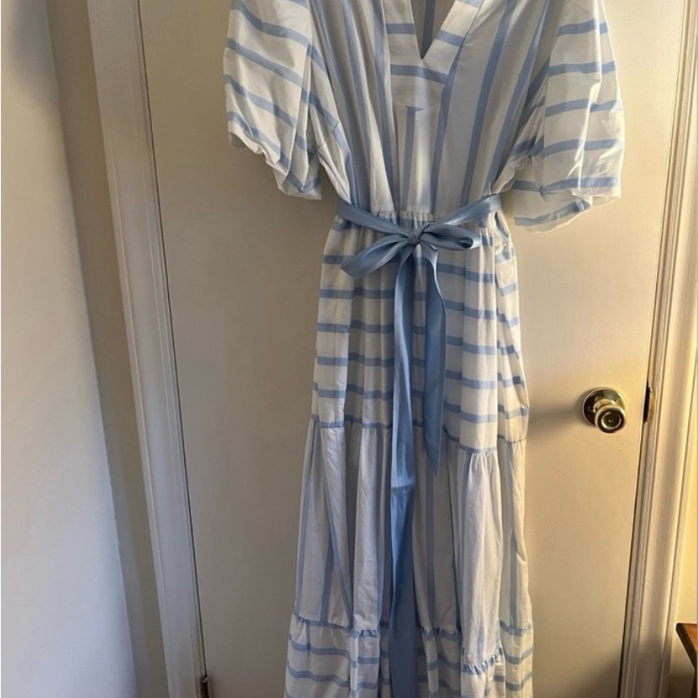 crown & ivy Light Blue and White Striped Maxi Dress with Tie Waist